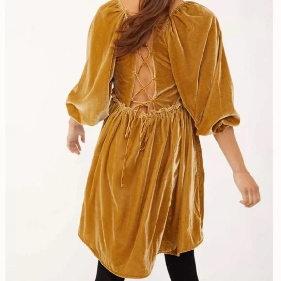 Free People NWOT Daphne Velvet fall Mini Dress in Olive Bitters / Gold Small - Picture 3 of 10